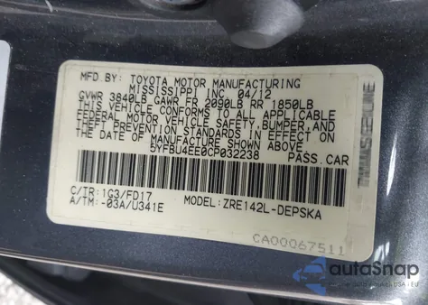 2012 Toyota Corolla S z USA, uszkodzony, nr VIN 5YFBU4EE0CP032238